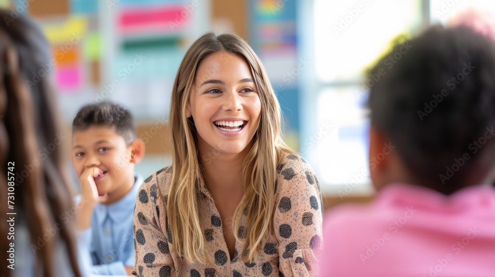 A smiling teacher directs her attention to elementary students, eager to hear their answers. A smiling teacher directs her attention to elementary students, eager to hear their answers.