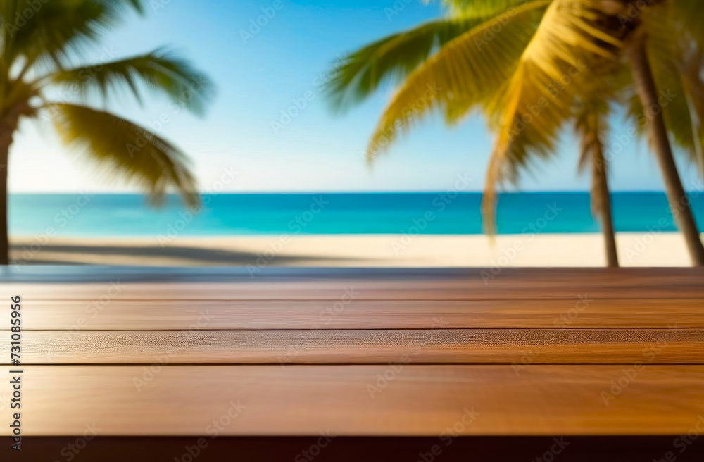 Empty table with copy space for product presentation, mockup. Empty table against the backdrop of a blurry view of the beach, palm trees, sea. Empty table with copy space for product presentation, mockup. Empty table against the backdrop of a blurry view of the beach, palm trees, sea.