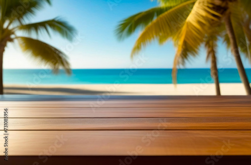 Empty table with copy space for product presentation  mockup. Empty table against the backdrop of a blurry view of the beach  palm trees  sea.