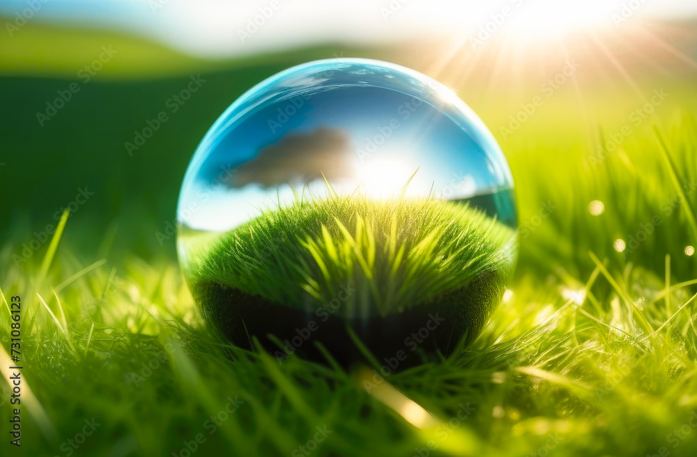 Transparent sphere, crystal ball lying on green grass. Clean ecological environment. Concept of environmental problems. Transparent sphere, crystal ball lying on green grass. Clean ecological environment. Concept of environmental problems.