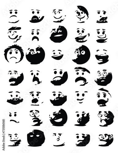 Round abstract comic Faces with various Emotions Crayo. set of cartoon faces.