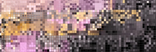 Gold pixel pattern artwork, intuitive abstraction, light magenta and dark gray, grid © Celina