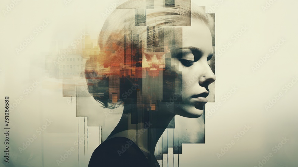 Contemporary digital art portrait of a woman overlaid with geometric shapes blending abstract.