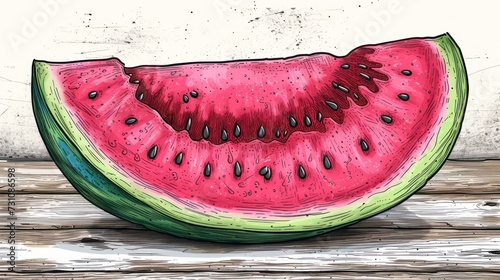 a piece of watermelon sitting on top of a wooden table next to another piece of watermelon. photo