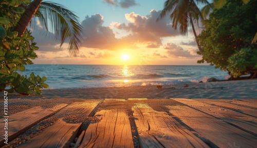 An idyllic beach scene featuring a rustic wooden table nestled among palm trees, as the vibrant sunset casts a warm glow over the serene ocean and sky