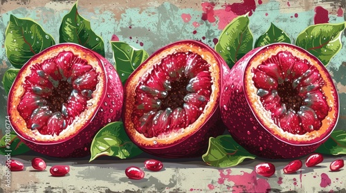 a painting of two halves of a pomegranate with leaves and seeds on a grungy background. photo