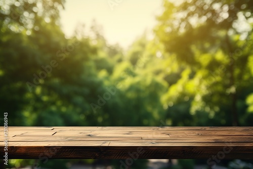Empty wooden table with a defocused background of a lush green forest bathed in warm sunlight