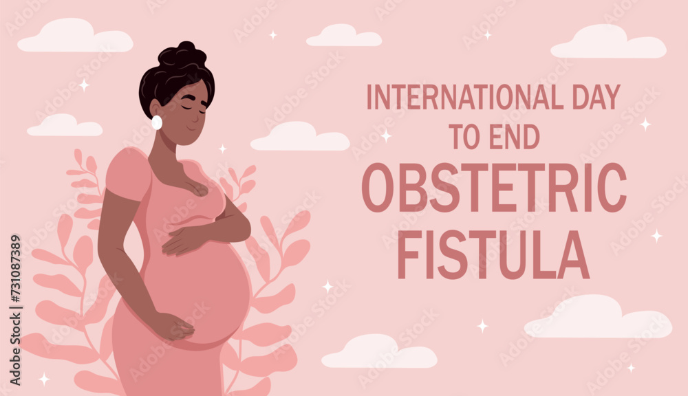 International Day to End Obstetric Fistula. Beautiful pregnant black woman hugs her belly. The concept of pregnancy and motherhood. International Day to End Obstetric Fistula. Beautiful pregnant black woman hugs her belly. The concept of pregnancy and motherhood.