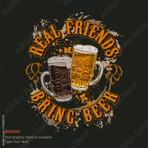 Grunge label with two beer glass, abstract paint splatter, smudges, brushstrokes, text. Outline silhouette of hop cones. Text graphic style is included. Not AI
