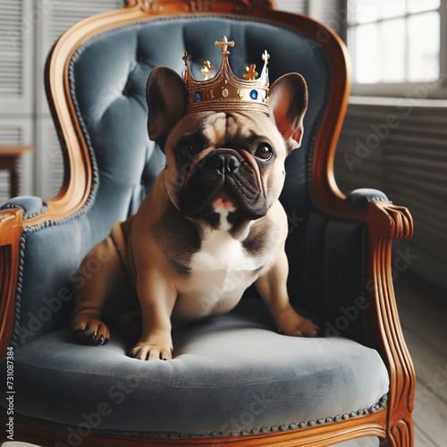 dog sitting on chair wearing a crown generative ai