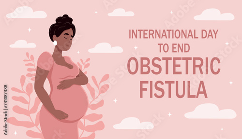 International Day to End Obstetric Fistula. Beautiful pregnant black woman hugs her belly. The concept of pregnancy and motherhood.