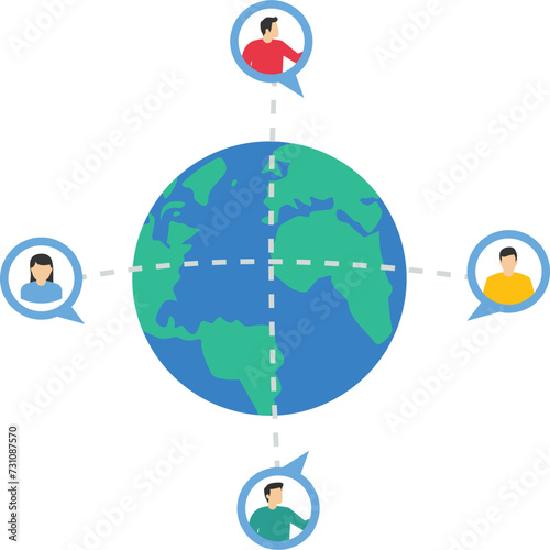 business people around the world, online communication, online meeting with all corners of the world, global business concept, earth with chat bubble icon and business people.