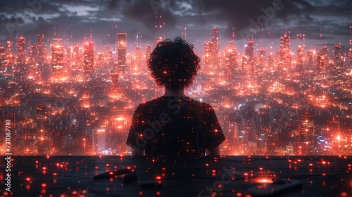 a person sitting at a table in front of a cityscape with red and blue lights in the background. photo