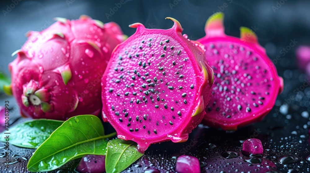 a close up of a pomegranate on a table with drops of water on it and a green leaf. a close up of a pomegranate on a table with drops of water on it and a green leaf.