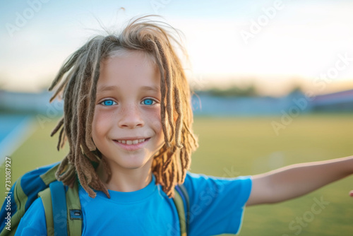 Boy against the background of a football field. Ai generated photo