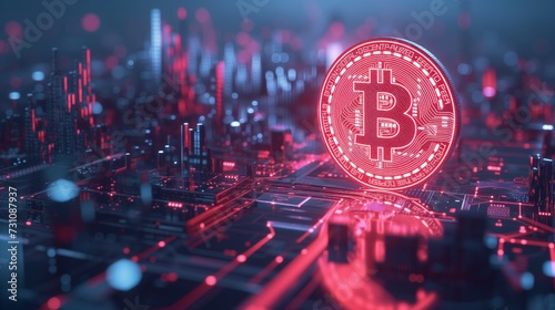 Glowing Bitcoin Symbol in Futuristic Digital Cityscape