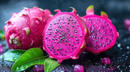 a close up of a pomegranate on a table with drops of water on it and a green leaf.