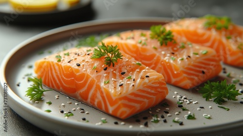 three pieces of salmon on a plate with parsley sprinkled on the side of the plate and a bowl of lemons in the background.