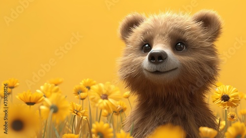 a brown teddy bear standing in a field of yellow flowers with a yellow wall behind it and a yellow background. photo