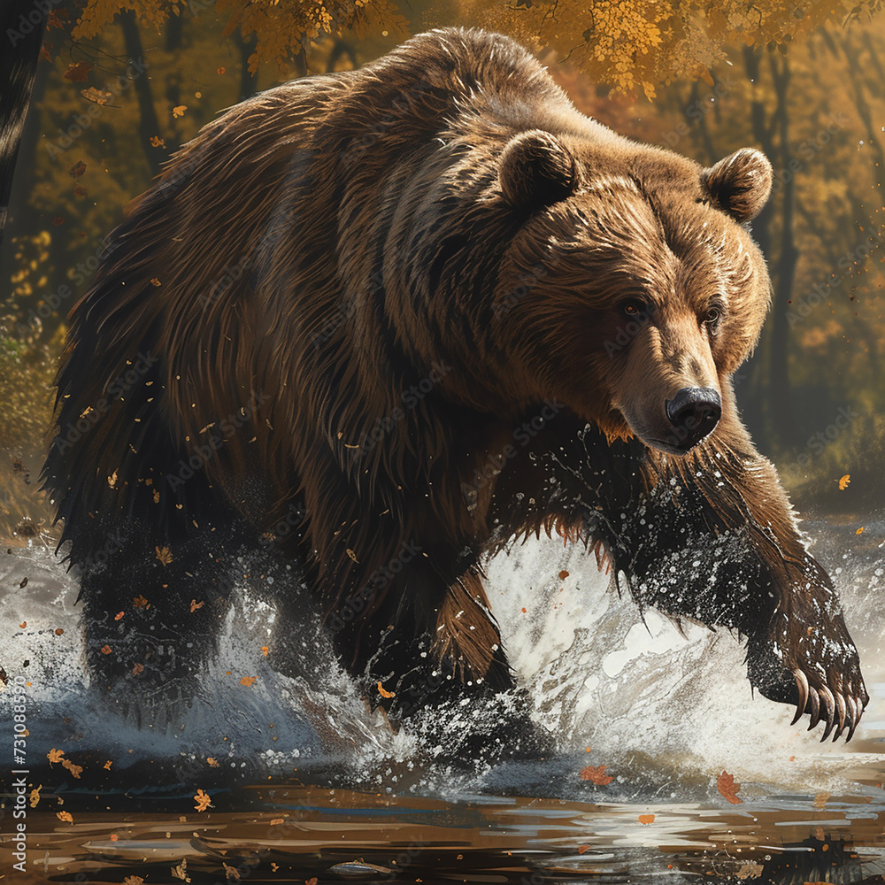 A large brown bear fishing in a forest river during autumn. Made with generative ai A large brown bear fishing in a forest river during autumn. Made with generative ai
