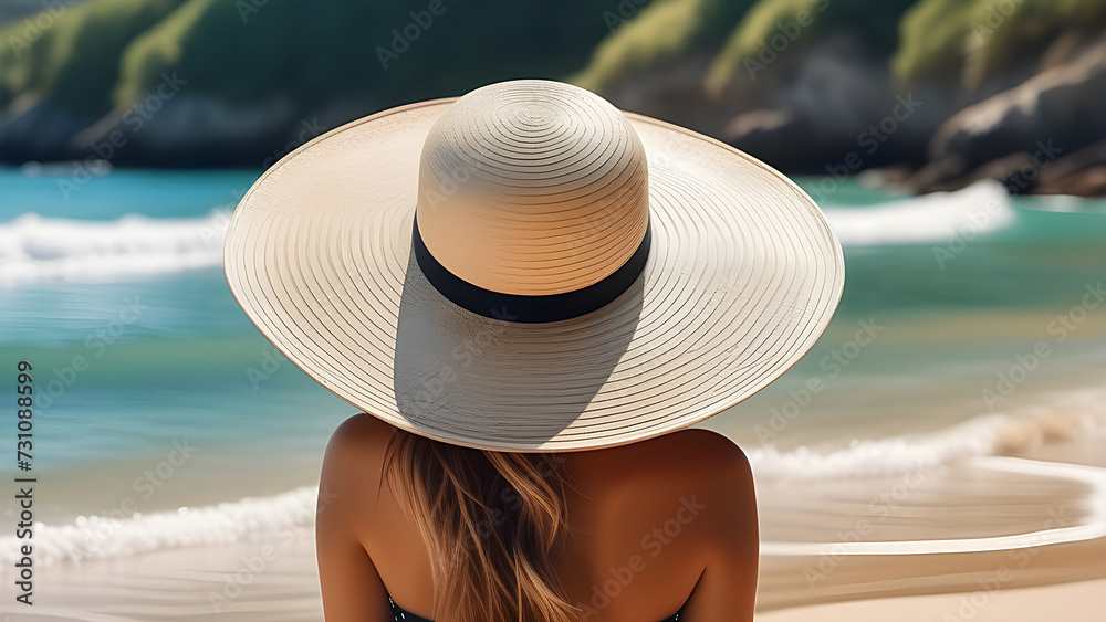 A girl in a swimsuit and a straw hat on her head on the beach by the sea.