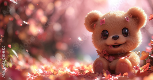 a brown teddy bear sitting on top of a pile of leaves next to a forest filled with pink and orange leaves.