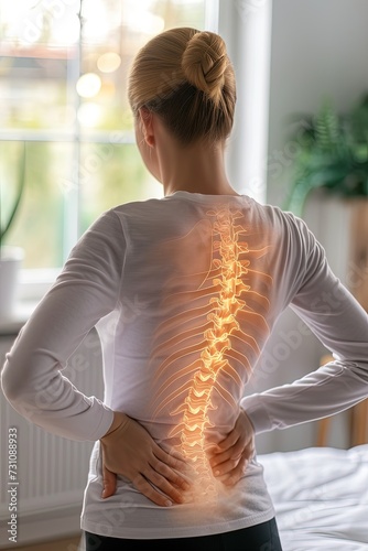 Digital composite of highlighted spine of woman with back pain at home. Digital composite shows the spine's vulnerability to back pain.