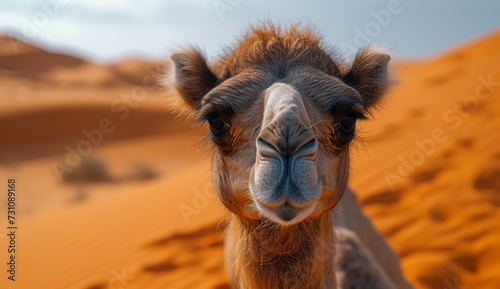 A majestic arabian camel stands tall in the vast desert  its mammalian form blending seamlessly with the aeolian landforms as it gazes at the endless sky