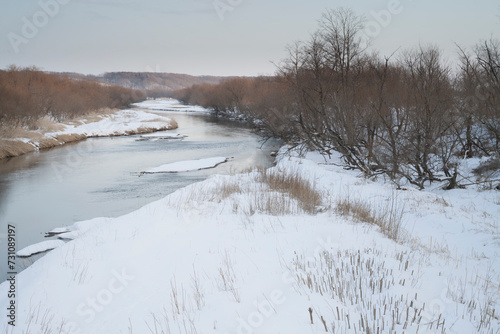 Wintery landscape of river bed at Kushiro, Tsurui, Hokkaido, Japan at Otowa bridge.