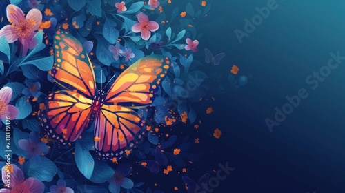 a painting of a butterfly on a blue background with pink and purple flowers and leaves and a dark blue background. © Nadia