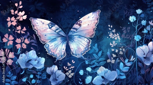 a painting of a blue butterfly in a field of blue and white flowers with pink and white flowers in the foreground. photo