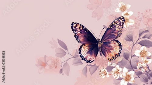 Wallpaper Mural a picture of a butterfly on a pink background with white and pink flowers on the left side of the image. Torontodigital.ca