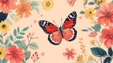 a painting of a red butterfly on a pink background with yellow, orange, and pink flowers and green leaves.