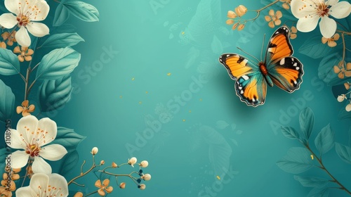 two butterflies sitting on a branch of a tree with white flowers and green leaves on a blue background with space for text.