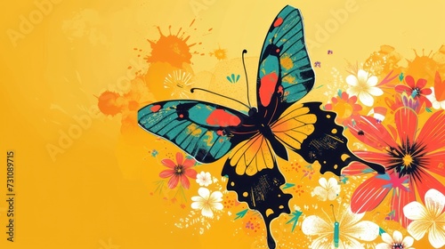 a painting of a blue butterfly on a yellow background with white, pink, and orange flowers and splashes of paint. © Nadia