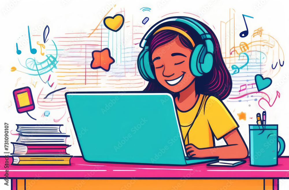 A girl sits at a table in front of a laptop, headphones on her head, listens to music, does homework, smile A girl sits at a table in front of a laptop, headphones on her head, listens to music, does homework, smile