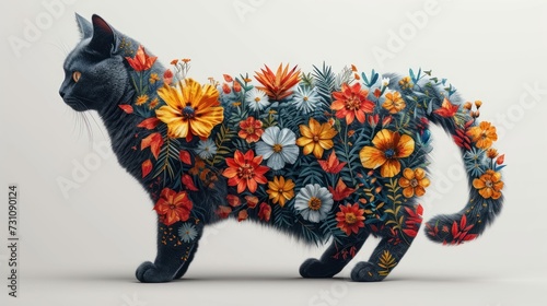 a painting of a cat with flowers on it's body and a black cat in the middle of it's body. photo