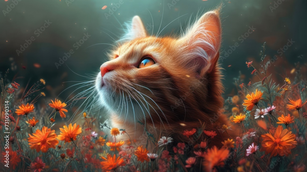 a close up of a cat in a field of flowers with its eyes closed and a sky in the background. a close up of a cat in a field of flowers with its eyes closed and a sky in the background.