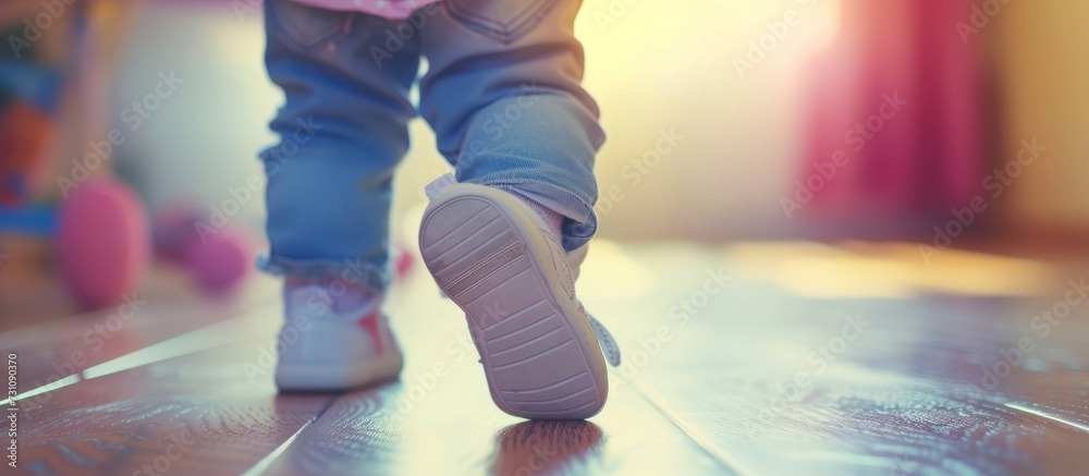 A little girl with purple shorts is happily walking on a pink wooden floor, entertaining herself with every step she takes. - obrazy, fototapety, plakaty 