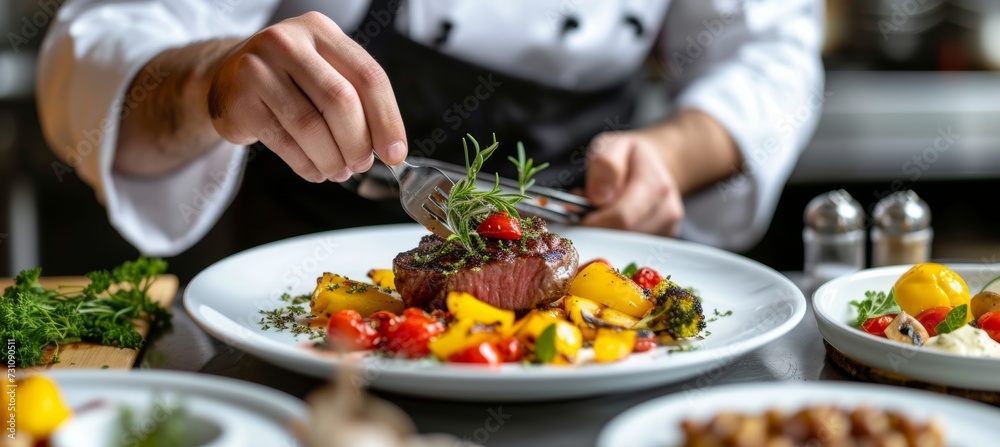 Chef preparing beef steak with vegetable decoration in hotel kitchen, with space for text placement
