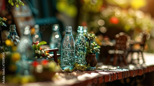 miniature sparkling water bottles, with tiny bubbles and clear liquid, arranged on a miniature upscale outdoor dining setting