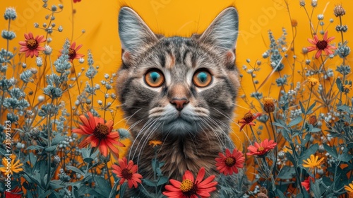 a close up of a cat in a field of flowers with orange and red flowers in front of a yellow background. © Nadia