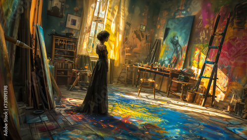 Fantasy illustration of a young woman standing in her first personal studio, unable to believe that she has achieved it. © Erich