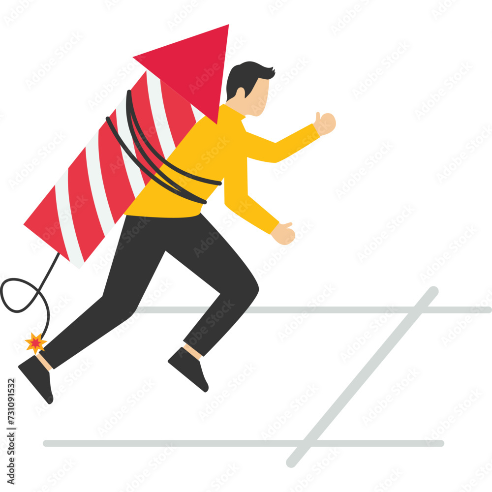 Fototapeta premium Game changer, agility or innovation concept, excellence or skill to accelerate or career or business changer to win competition, businessman getting ready to start running by setting off fireworks.