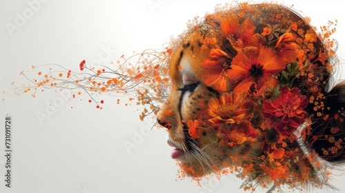 a woman with flowers in her hair and a cat's face in front of her face is a white background. photo