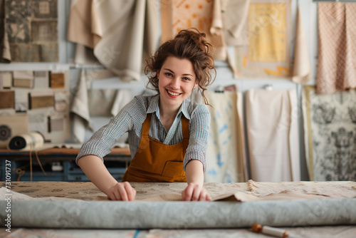 Portrait of a young woman in an apron working with fabric in her studio. A tailor in a tailoring shop.