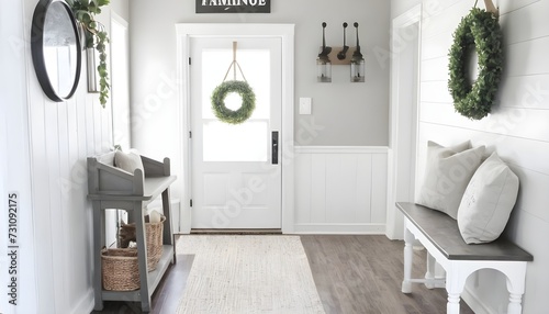 gray and white farmhouse decor in foyer