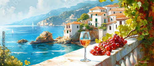 Picturesque idyllic scenery view to the Italian village, Mediterranean Sea bay at sunny summer day against blue cloudy sky. Table with wine and grape close up. Vacation, resort concept