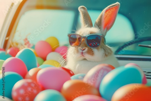 Easter bunny wearing sunglasses Peeking out from a car filled with colorful easter eggs Adding a fun and whimsical touch to the holiday celebration