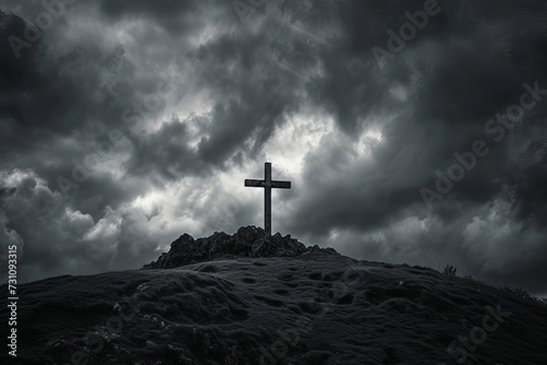Holy cross symbolizing the death and resurrection of jesus christ With a dramatic sky over golgotha hill Creating a powerful and spiritual visual